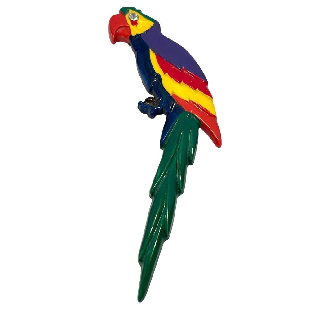 Macaw Parrot Bird Pin Brooch Red Yellow Purple Tropical Wings Feather Rhinestone